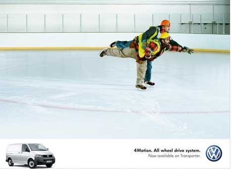 Ice skaters in VW Transporter print ad
